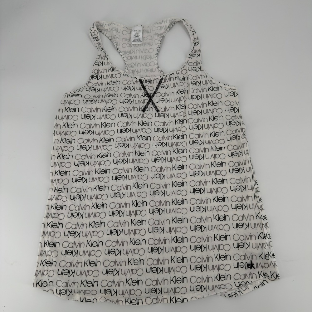 Calvin Klein Tank Top Racerback Logo Print Modern Women Size Small White Black